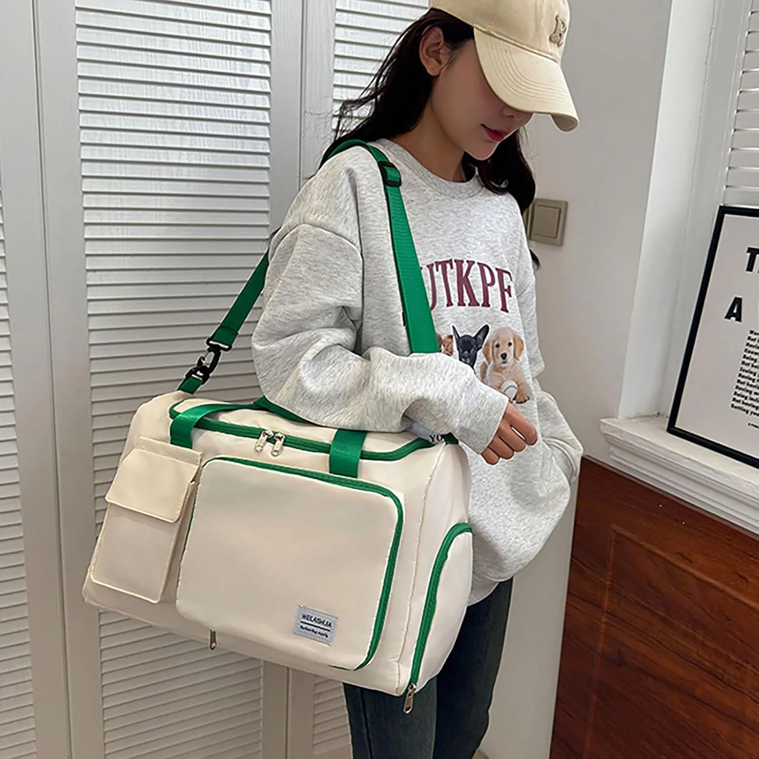 Foldable Tote Travel Duffel Bag Dry Wet Separation Sports Duffle Bag with Shoes Compartment Weekender Overnight Bag for Women (White Lightgreen)