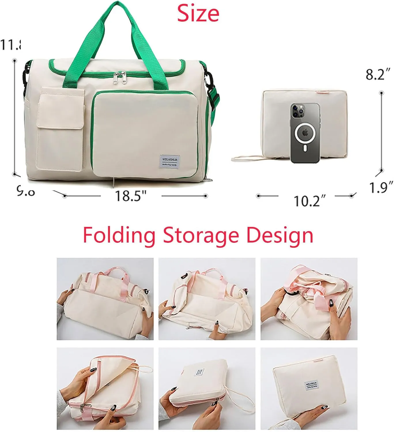 Foldable Tote Travel Duffel Bag Dry Wet Separation Sports Duffle Bag with Shoes Compartment Weekender Overnight Bag for Women (White Lightgreen)