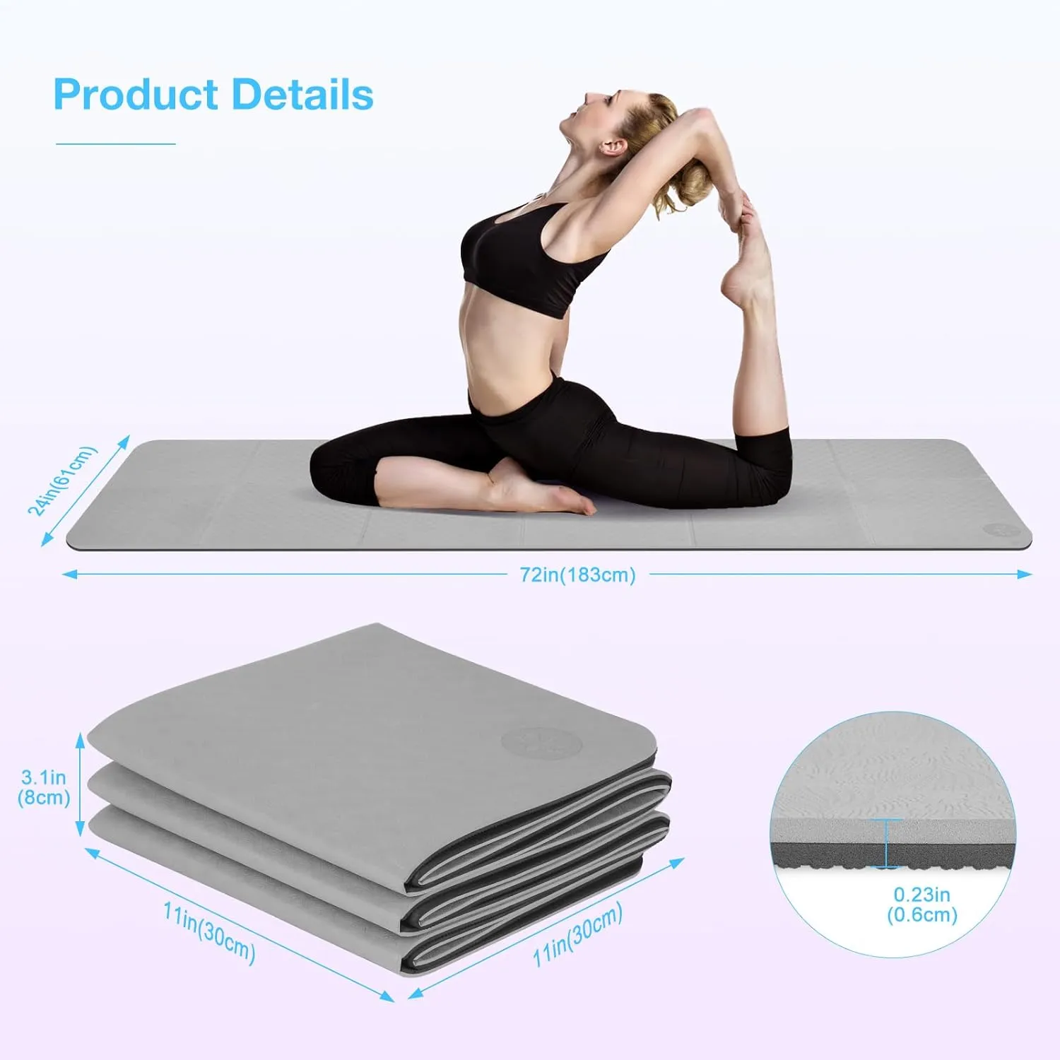 Foldable Travel Yoga Mat, 6mm TPE Pilates Mat & Yoga Mats, for Women Packable Lightweight Exercise Mat, Non Slip Folding Exercise Mat for Home Workout 72"x24"x 0.23 inch Thick