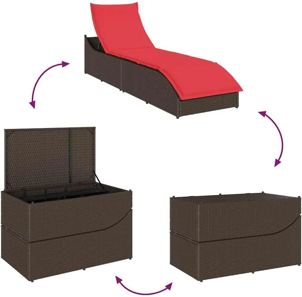 Folding Sun Lounger with Cushion and Storage Brown Poly Rattancamping Chairs Patio Chairs Tanning Chair Recliner chairSuitable for Gardens, courtyards