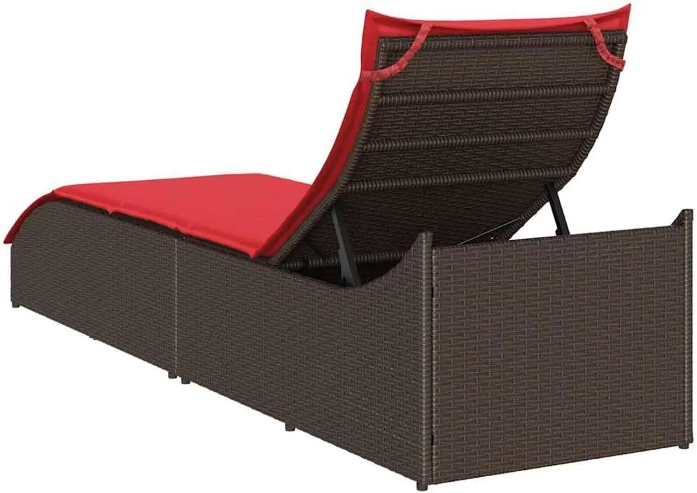 Folding Sun Lounger with Cushion and Storage Brown Poly Rattancamping Chairs Patio Chairs Tanning Chair Recliner chairSuitable for Gardens, courtyards