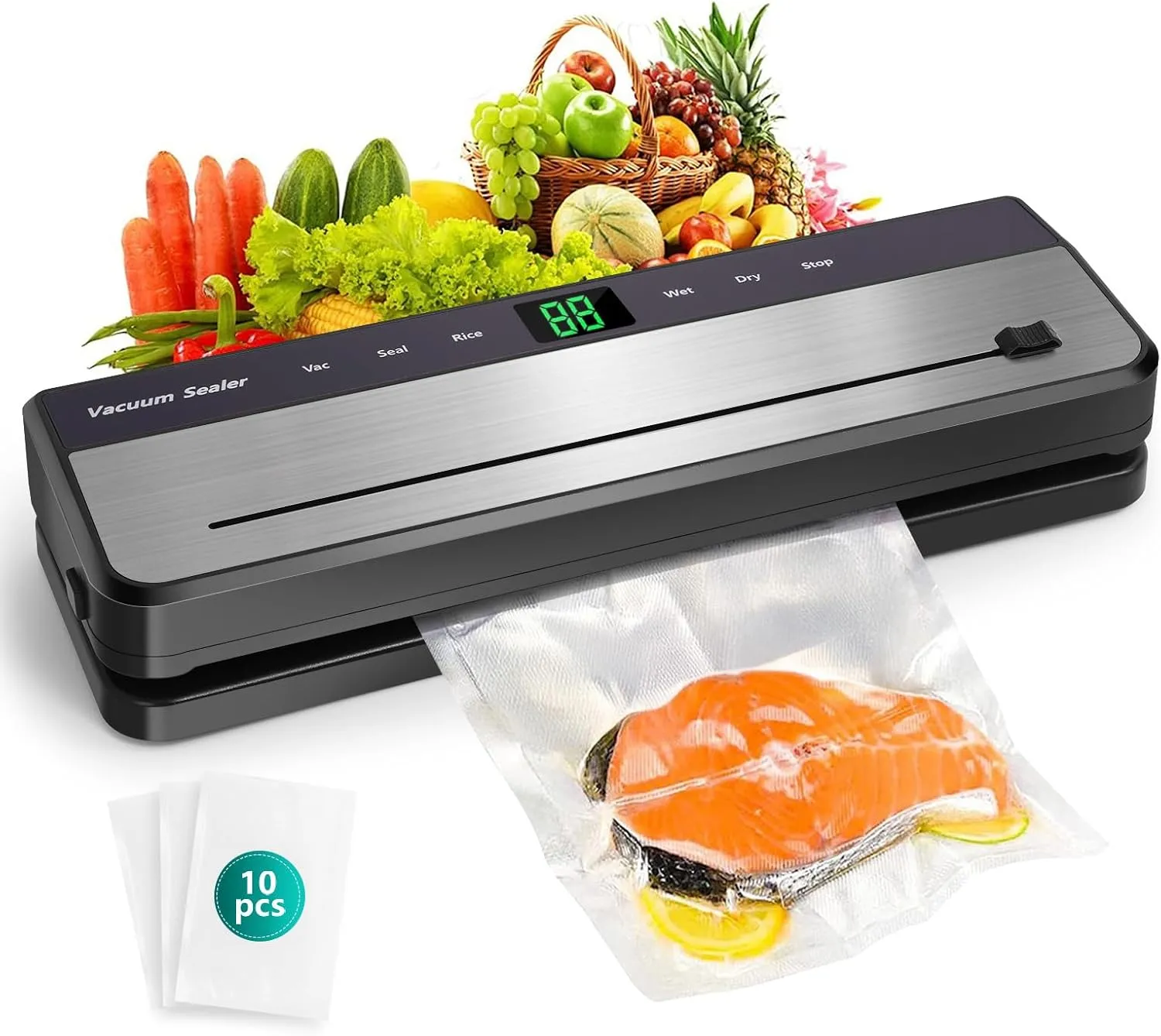 Food Saver Vacuum Sealer Machine, 6-in-1 Powerful Vac Pack Machine, Bag Sealer, Dry/Moist Food Sealer, Pressure-Resistant and Durable Stainless Steel, with Cutter and 20Pcs Bags