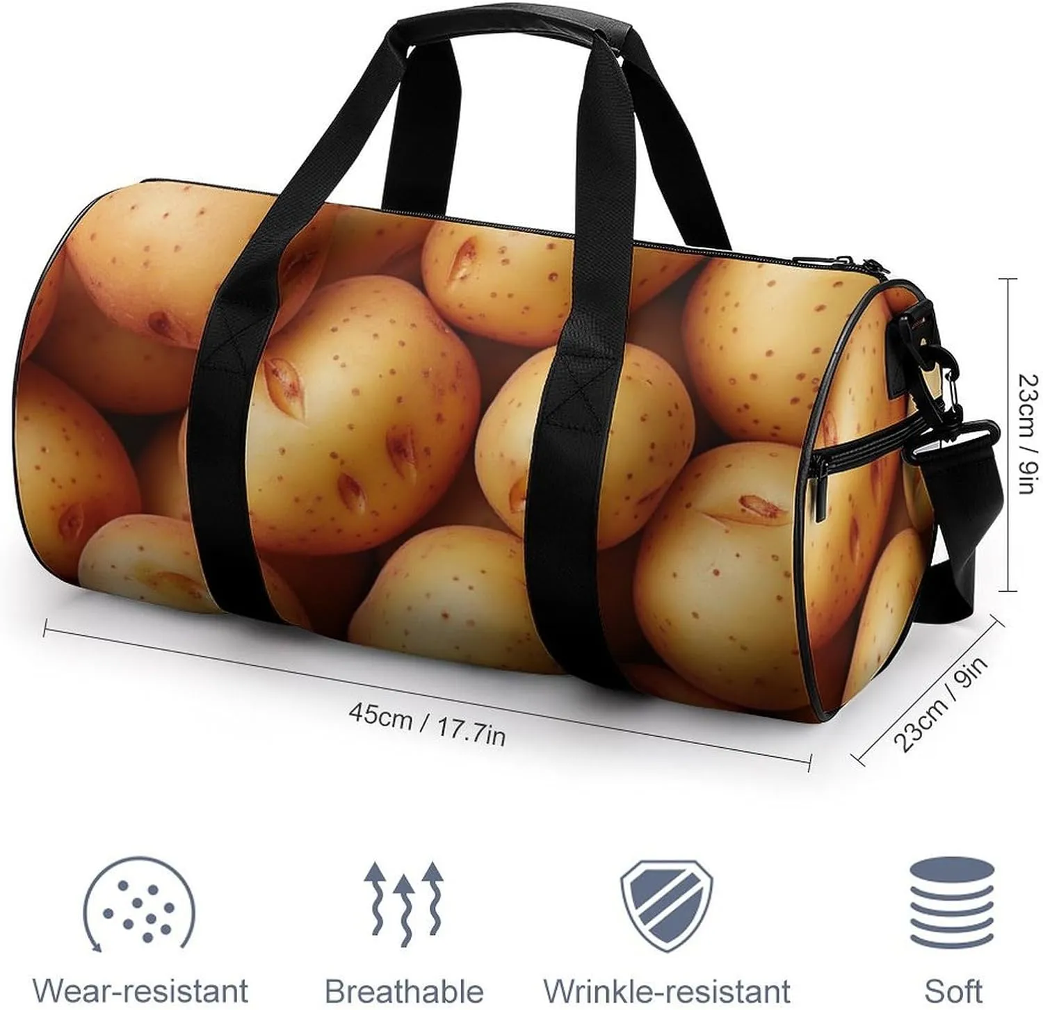 Fresh Potatoes Spread All over The Screen Travel Gym Bag for Women Men Cute Style Cylindrical Duffle Bag Sport Workout Bag with Shoulder Strap