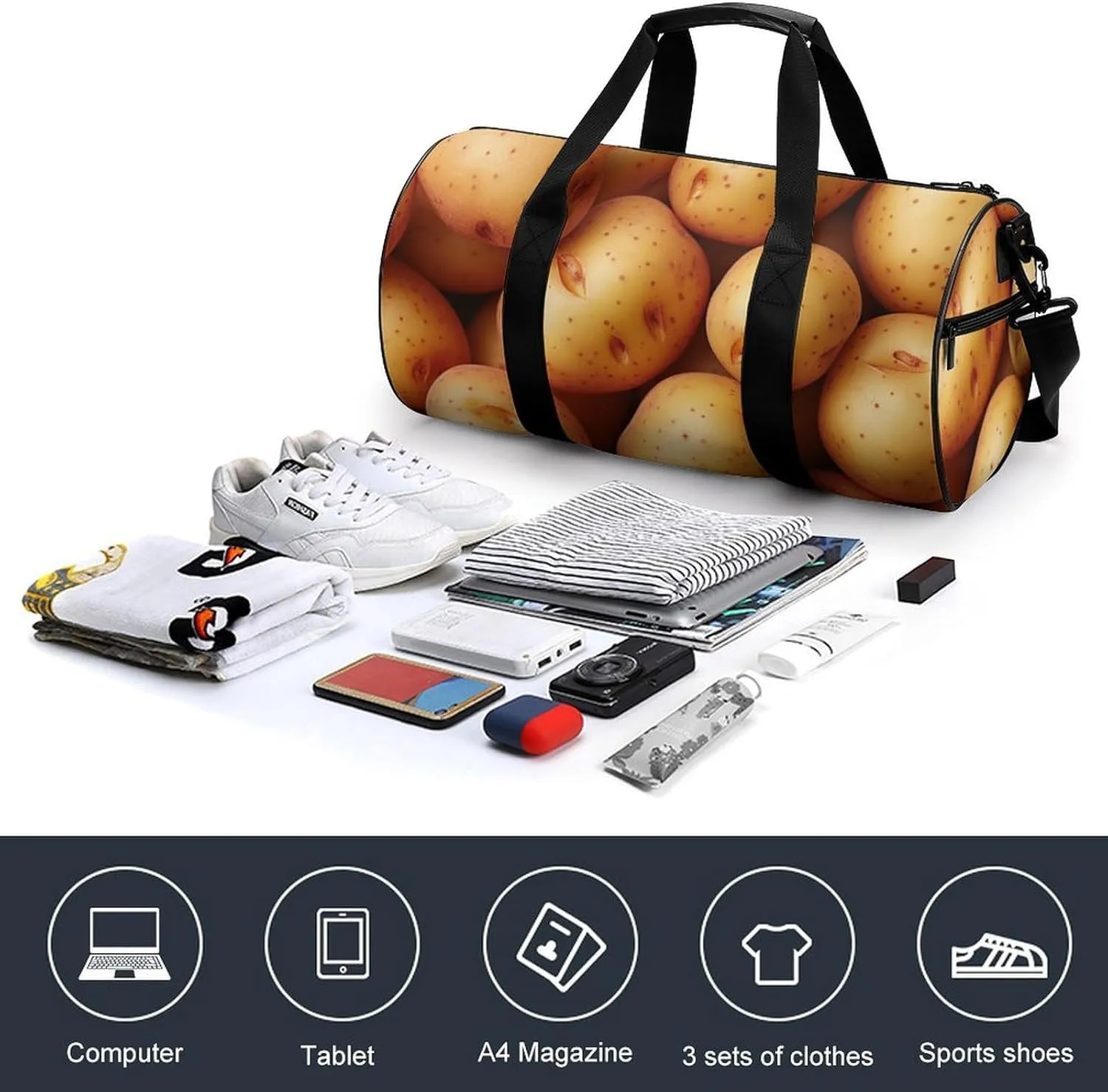 Fresh Potatoes Spread All over The Screen Travel Gym Bag for Women Men Cute Style Cylindrical Duffle Bag Sport Workout Bag with Shoulder Strap