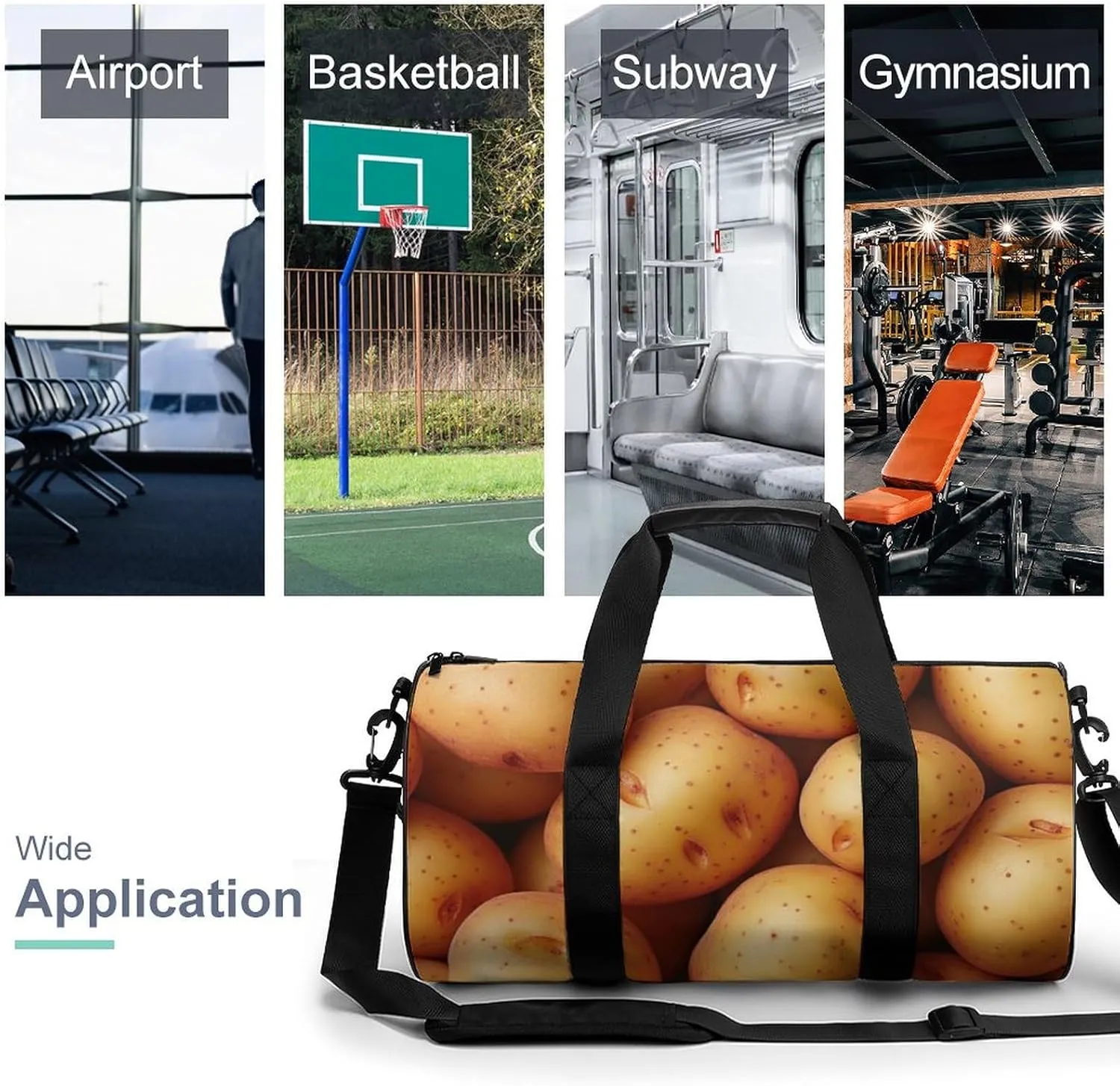 Fresh Potatoes Spread All over The Screen Travel Gym Bag for Women Men Cute Style Cylindrical Duffle Bag Sport Workout Bag with Shoulder Strap