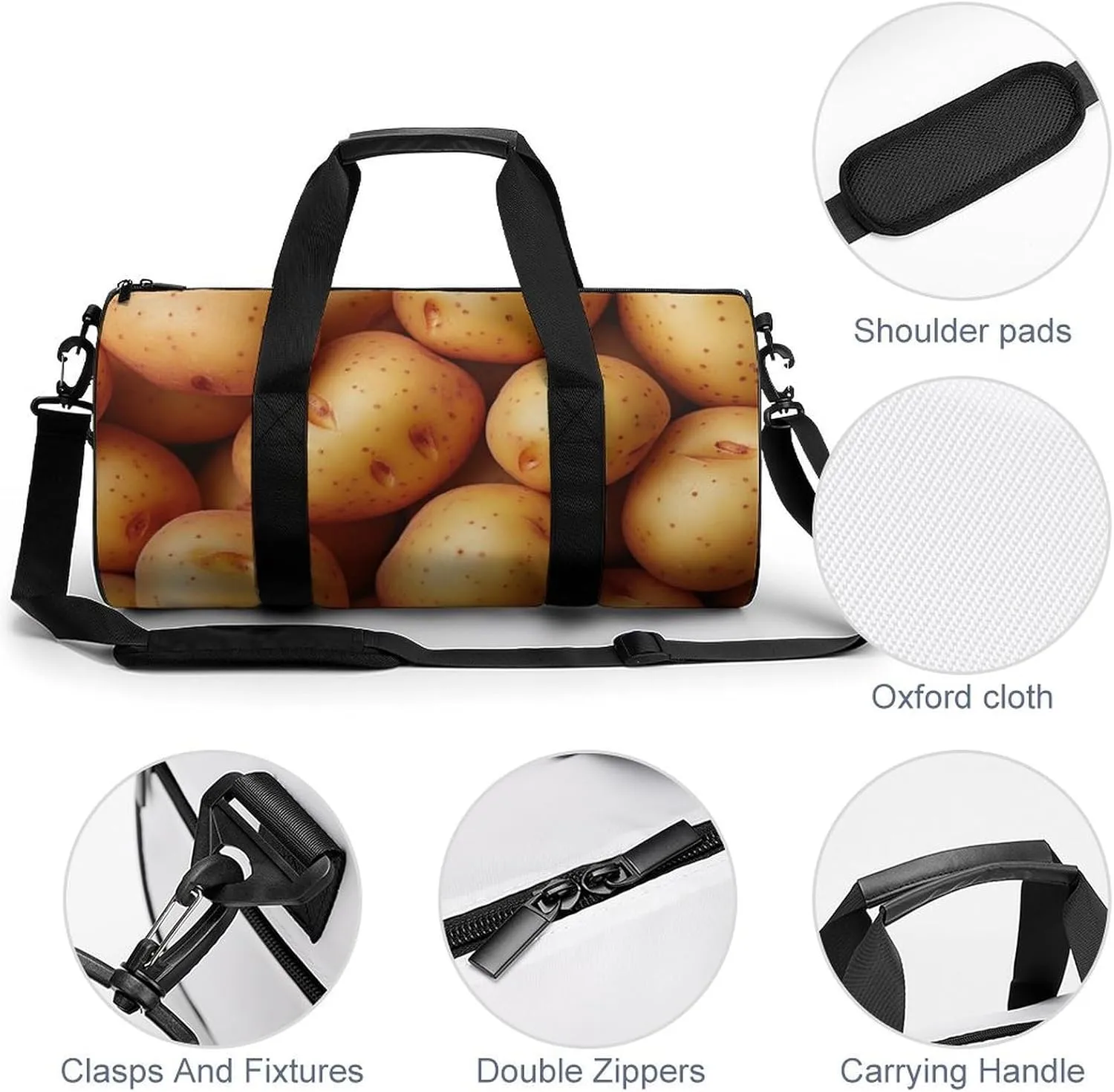 Fresh Potatoes Spread All over The Screen Travel Gym Bag for Women Men Cute Style Cylindrical Duffle Bag Sport Workout Bag with Shoulder Strap