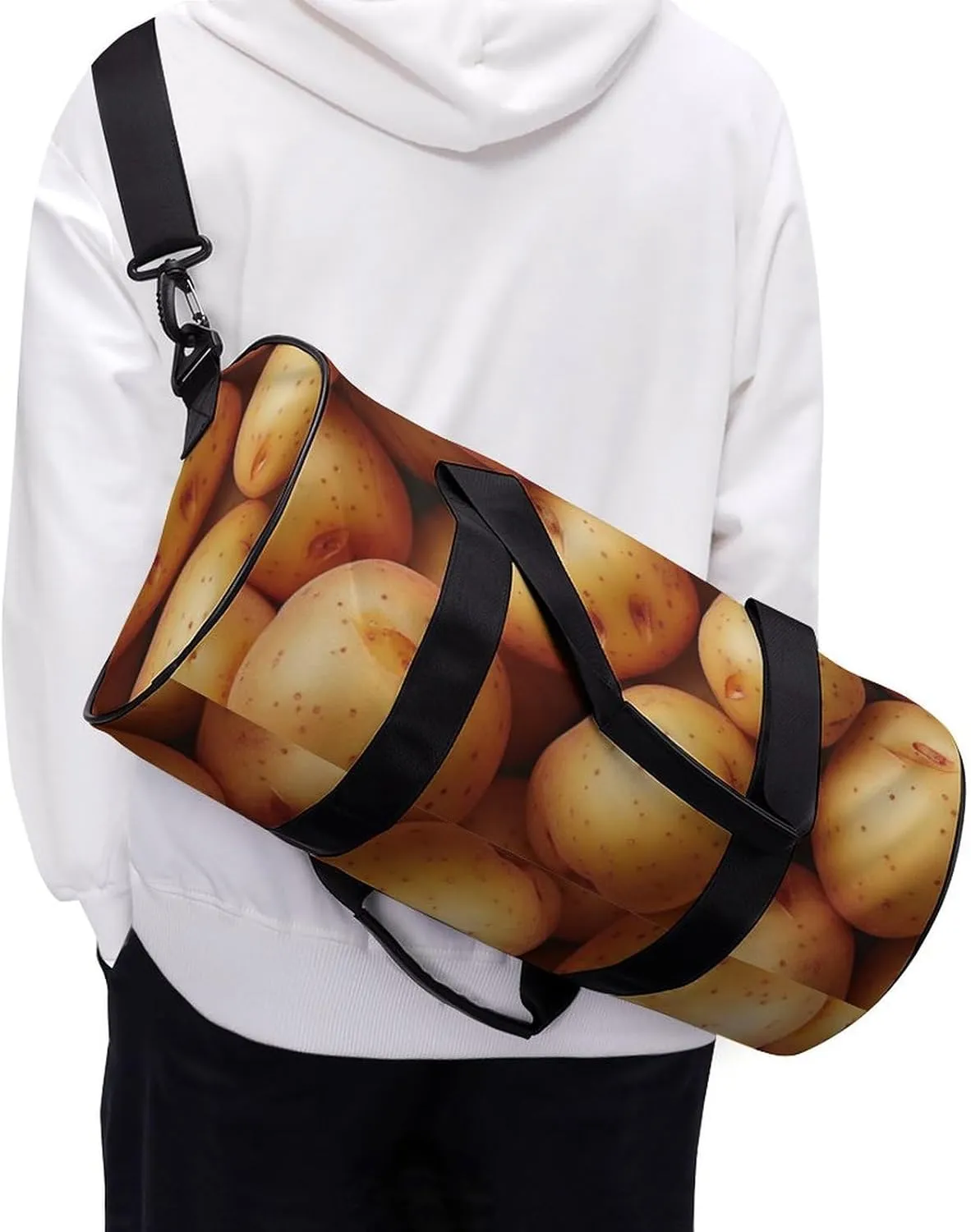 Fresh Potatoes Spread All over The Screen Travel Gym Bag for Women Men Cute Style Cylindrical Duffle Bag Sport Workout Bag with Shoulder Strap
