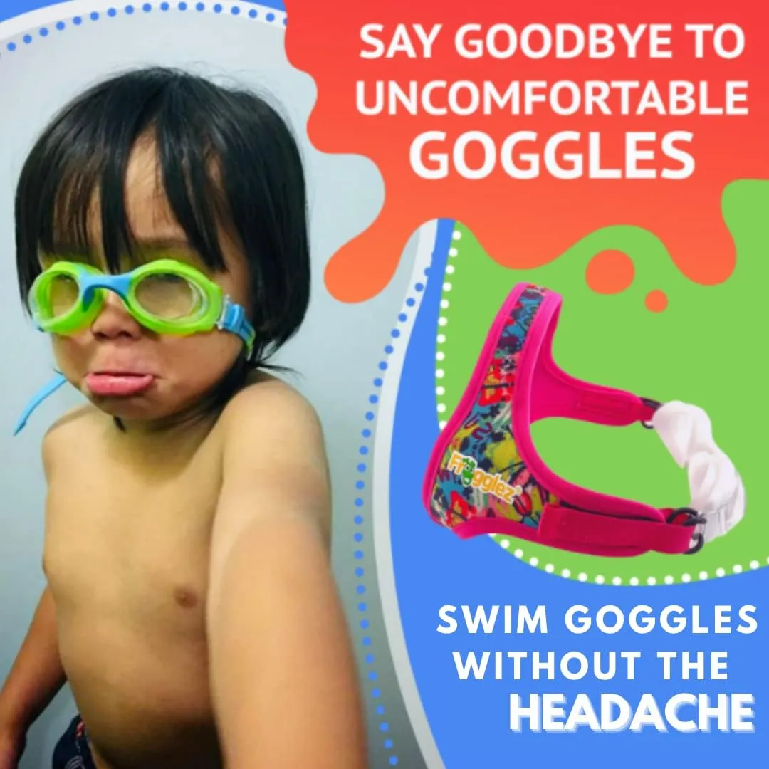 Frogglez Kids Swim Goggles with Pain-Free Strap | Ideal for Ages 3-10 | Leakproof, No Hair Pulling, UV Protection