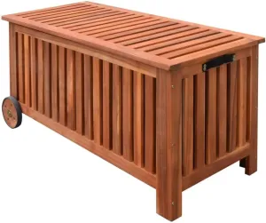 Functional and Stylish Wooden Patio Storage Box, Water Resistant, Includes Wheels and Handle, 46" x 20" x 23"