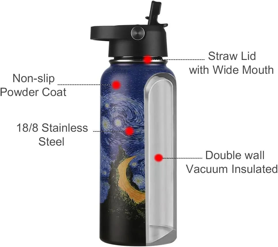 Funkrin Insulated Water Bottle with Straw Lid & Spout Lid, 32oz Personalized Vacuum Stainless Steel Travel Mug, Leak Proof Double Walled Thermos for Hot & Cold Beverages