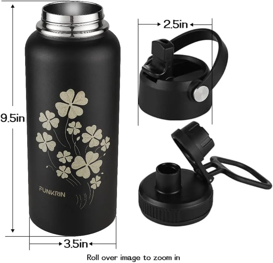 Funkrin Insulated Water Bottle with Straw Lid & Spout Lid, 32oz Personalized Vacuum Stainless Steel Travel Mug, Leak Proof Double Walled Thermos for Hot & Cold Beverages