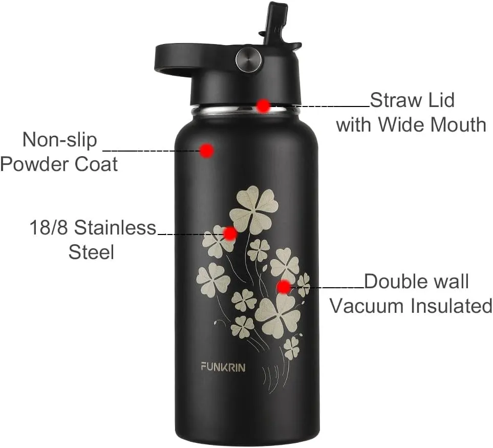 Funkrin Insulated Water Bottle with Straw Lid & Spout Lid, 32oz Personalized Vacuum Stainless Steel Travel Mug, Leak Proof Double Walled Thermos for Hot & Cold Beverages