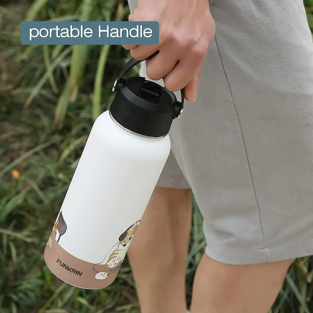 Funkrin Insulated Water Bottle with Straw Lid & Spout Lid, 32oz Personalized Vacuum Stainless Steel Travel Mug, Leak Proof Double Walled Thermos for Hot & Cold Beverages