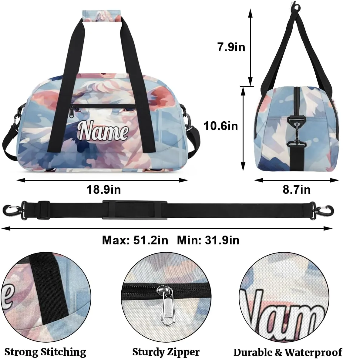 Funny Cattle Custom Name Sport Duffel Bag Dance Bag for Girls Teens Personalized Ballet Bag Gift for Birthday Christmas Helloween