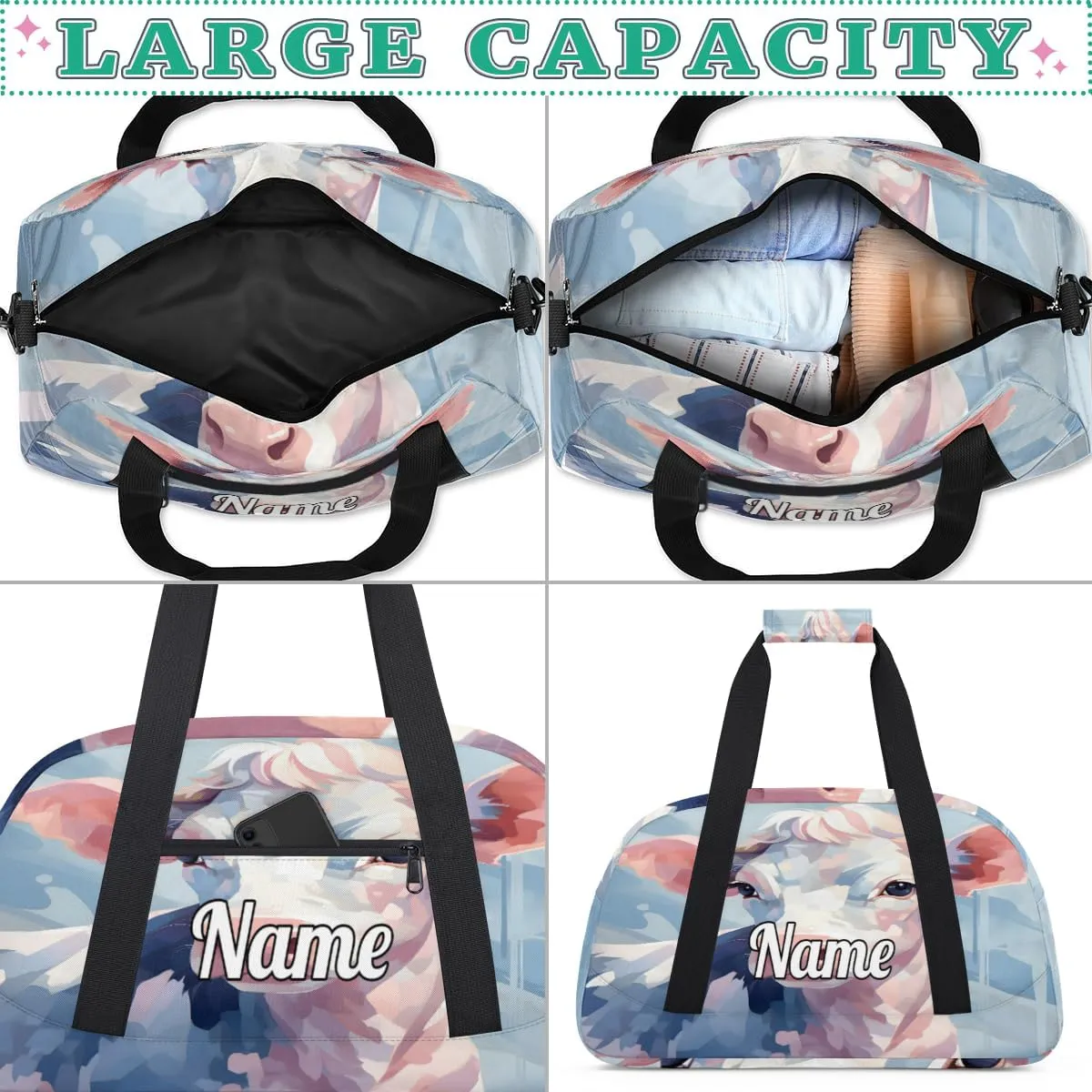 Funny Cattle Custom Name Sport Duffel Bag Dance Bag for Girls Teens Personalized Ballet Bag Gift for Birthday Christmas Helloween