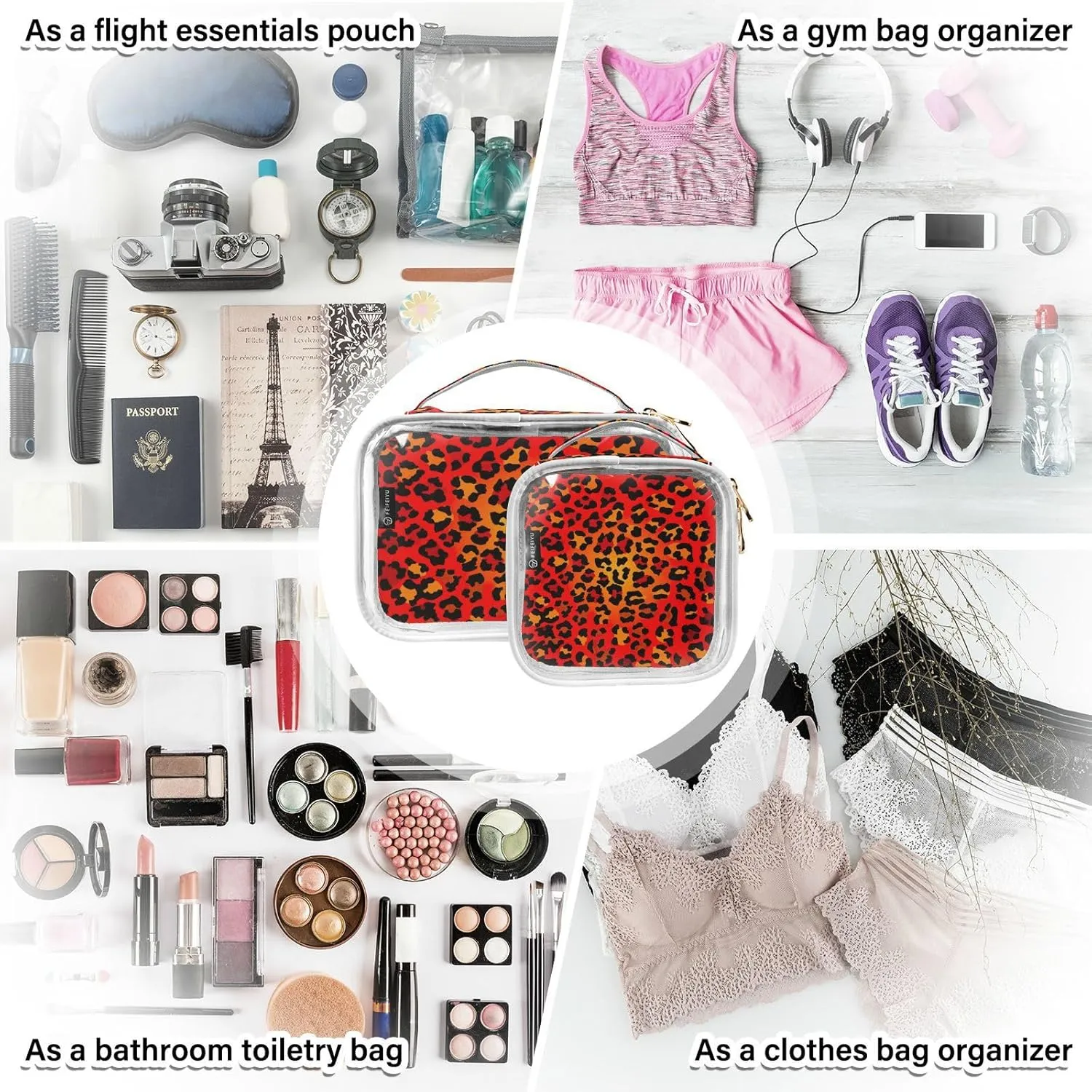 GAIGEO Abstract Leopard 2 Pack Clear Toiletry Bag Set, 2 Pack Makeup Bag, Clear Plastic Toiletry Bags for Traveling