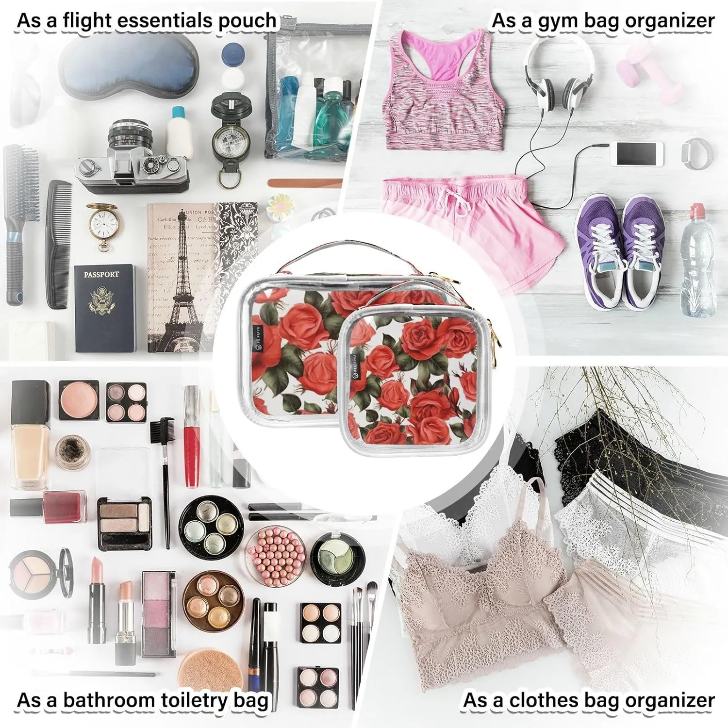 GAIGEO All Red Roses Clear Makeup Bag Set, Travel Toiletry Bag 2 Pack, Travel Accessories Bags, 2 Pack