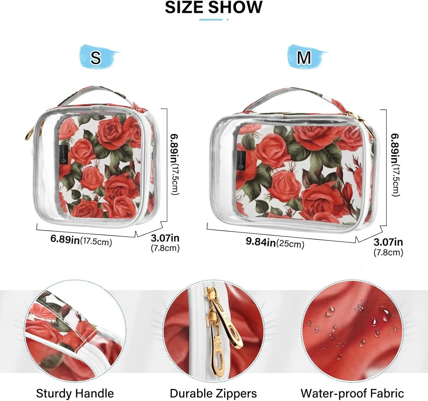 GAIGEO All Red Roses Clear Makeup Bag Set, Travel Toiletry Bag 2 Pack, Travel Accessories Bags, 2 Pack