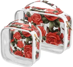 GAIGEO All Red Roses Clear Makeup Bag Set, Travel Toiletry Bag 2 Pack, Travel Accessories Bags, 2 Pack
