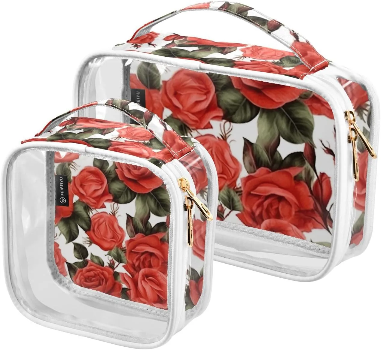 GAIGEO All Red Roses Clear Makeup Bag Set, Travel Toiletry Bag 2 Pack, Travel Accessories Bags, 2 Pack
