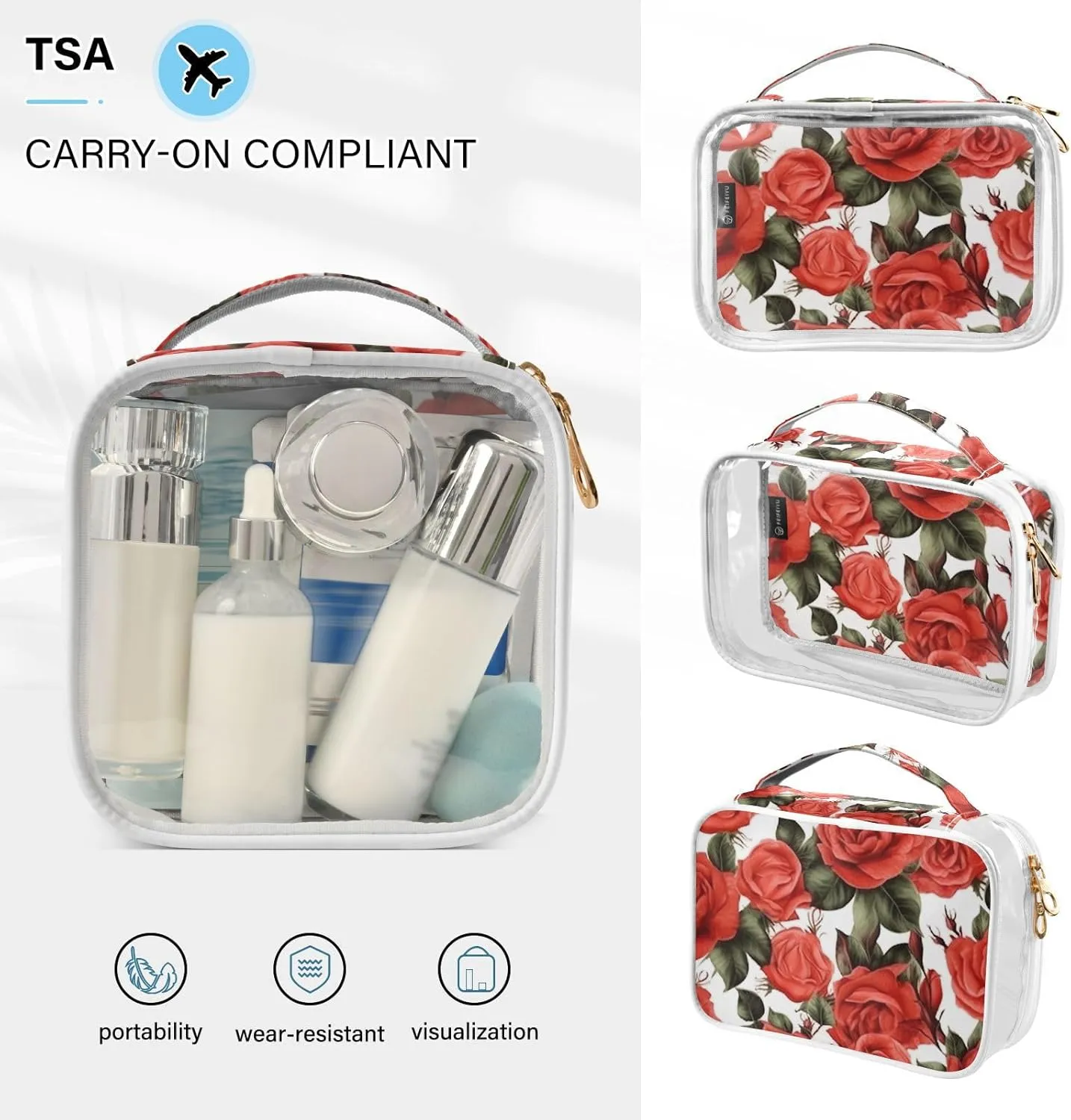 GAIGEO All Red Roses Clear Makeup Bag Set, Travel Toiletry Bag 2 Pack, Travel Accessories Bags, 2 Pack