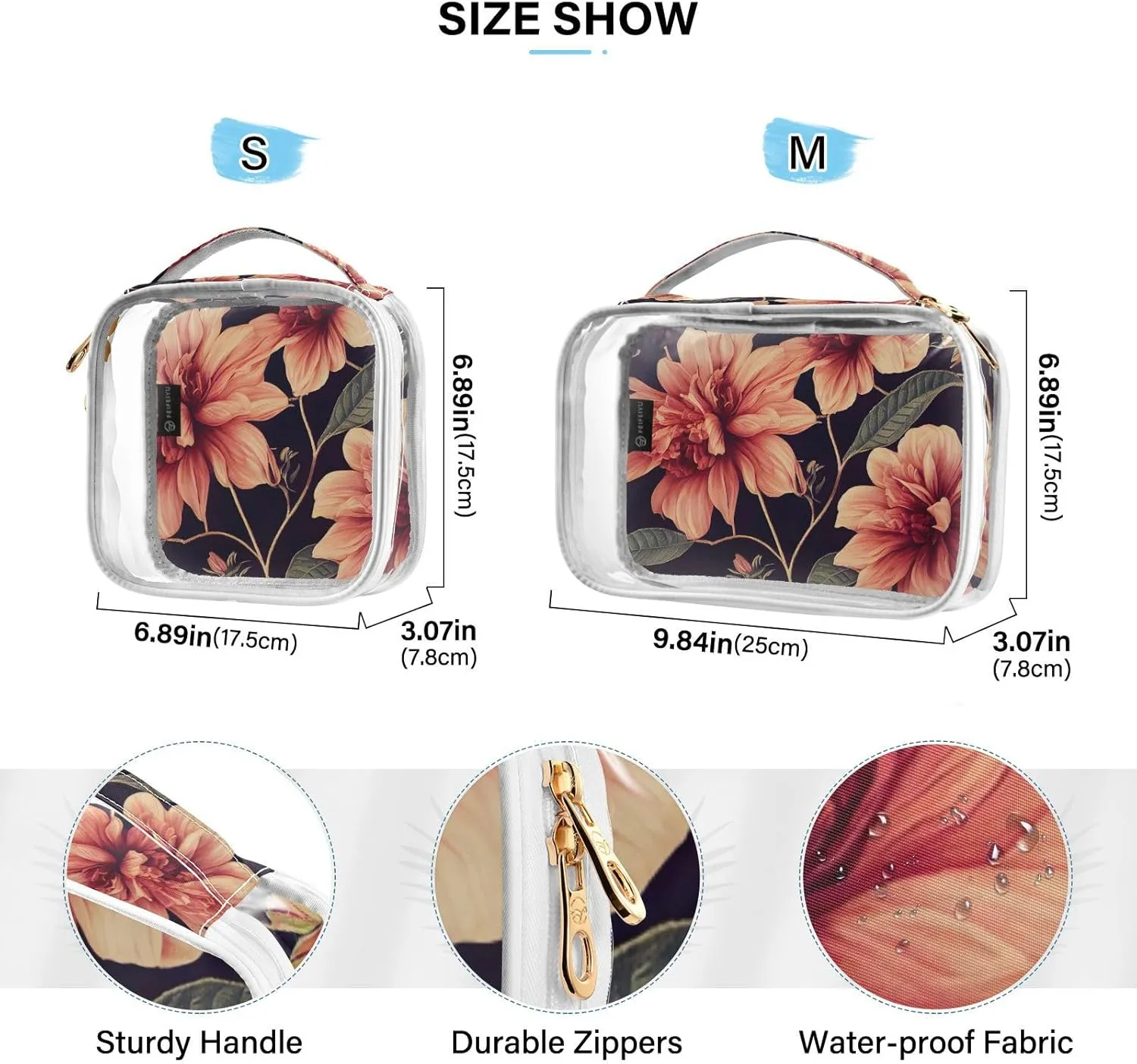 GAIGEO Beautiful Flower Leaves Clear Cosmetic Bag Set, Tsa Approved Toiletry Bag for Carry On, Travel Accessories Bags, 2 Pack