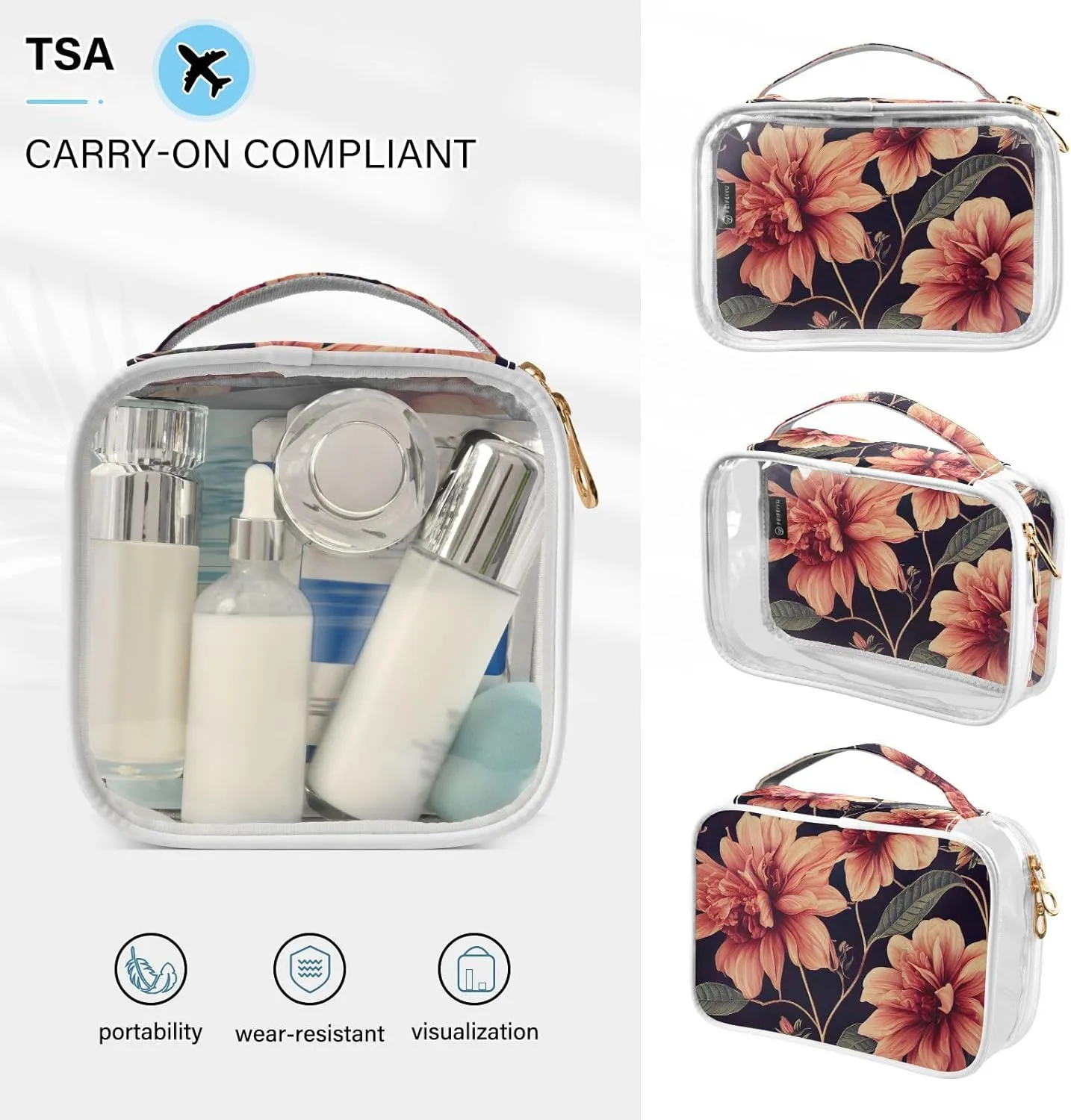 GAIGEO Beautiful Flower Leaves Clear Cosmetic Bag Set, Tsa Approved Toiletry Bag for Carry On, Travel Accessories Bags, 2 Pack