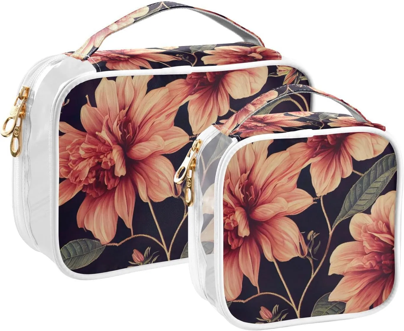 GAIGEO Beautiful Flower Leaves Clear Cosmetic Bag Set, Tsa Approved Toiletry Bag for Carry On, Travel Accessories Bags, 2 Pack