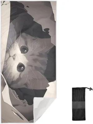GAIGEO Cute Cat Behind Broken Wall Beach Towels Quick Dry, Foldable Beach Towel with Storage Bag, Oversize Beach Towels for Adults, for Travel, Yoga, Beach Towel, 30"x60"