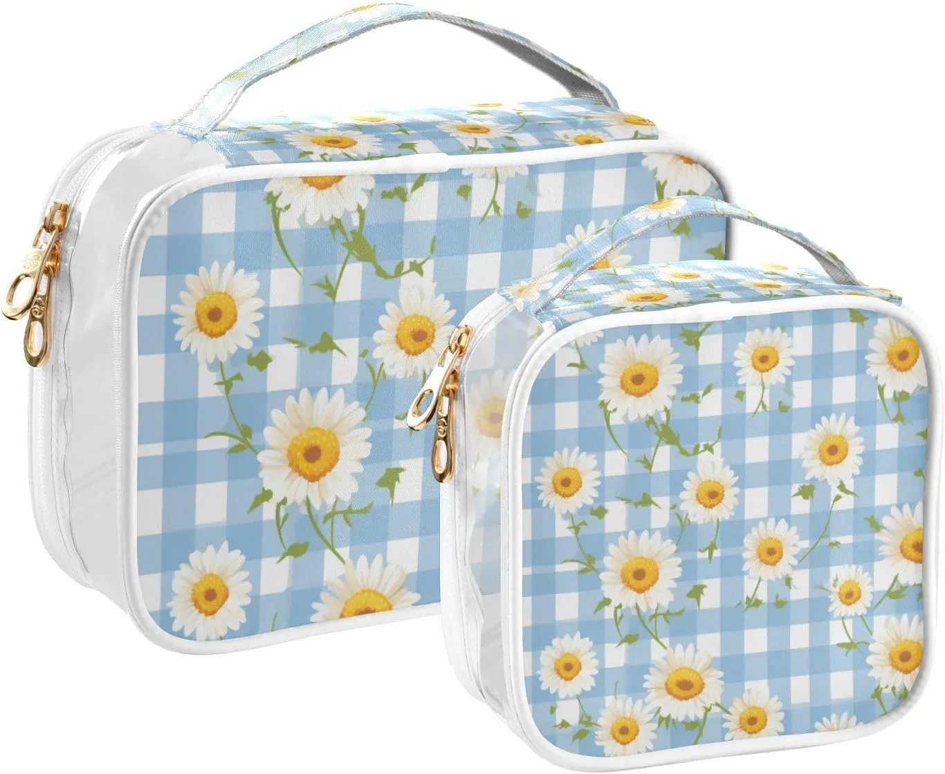 GAIGEO Daisies on Blue and White Gingham Clear Makeup Bag Set, Clear Toiletry Bags 2 Pack, Clear Toiletry Bags for Traveling Women, 2 Pack