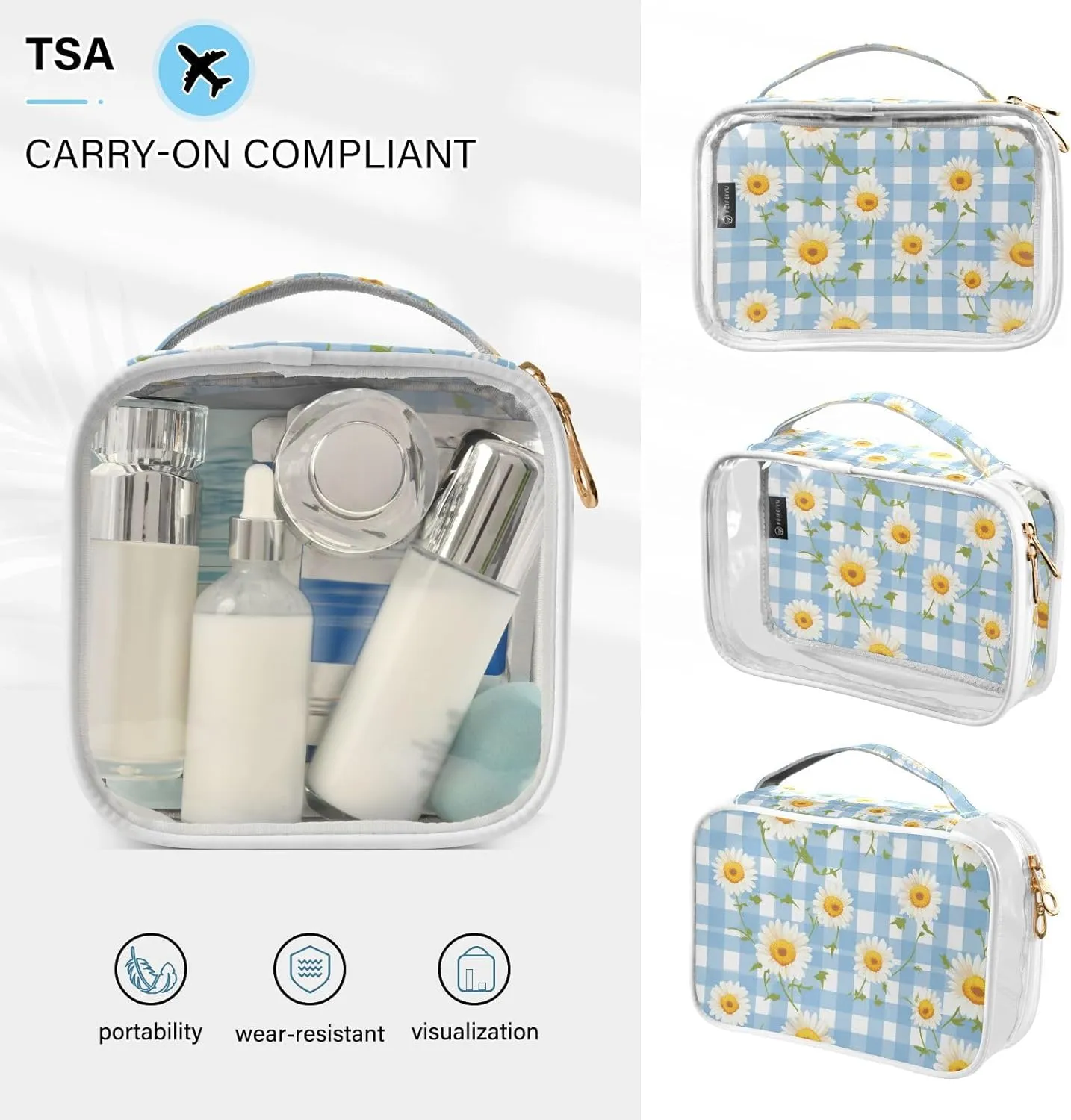 GAIGEO Daisies on Blue and White Gingham Clear Makeup Bag Set, Clear Toiletry Bags 2 Pack, Clear Toiletry Bags for Traveling Women, 2 Pack
