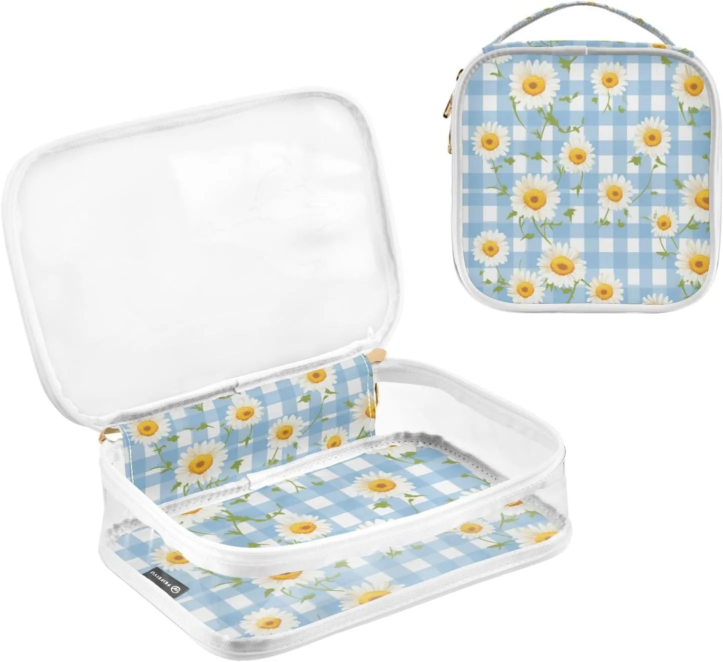 GAIGEO Daisies on Blue and White Gingham Clear Makeup Bag Set, Clear Toiletry Bags 2 Pack, Clear Toiletry Bags for Traveling Women, 2 Pack