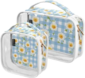 GAIGEO Daisies on Blue and White Gingham Clear Makeup Bag Set, Clear Toiletry Bags 2 Pack, Clear Toiletry Bags for Traveling Women, 2 Pack