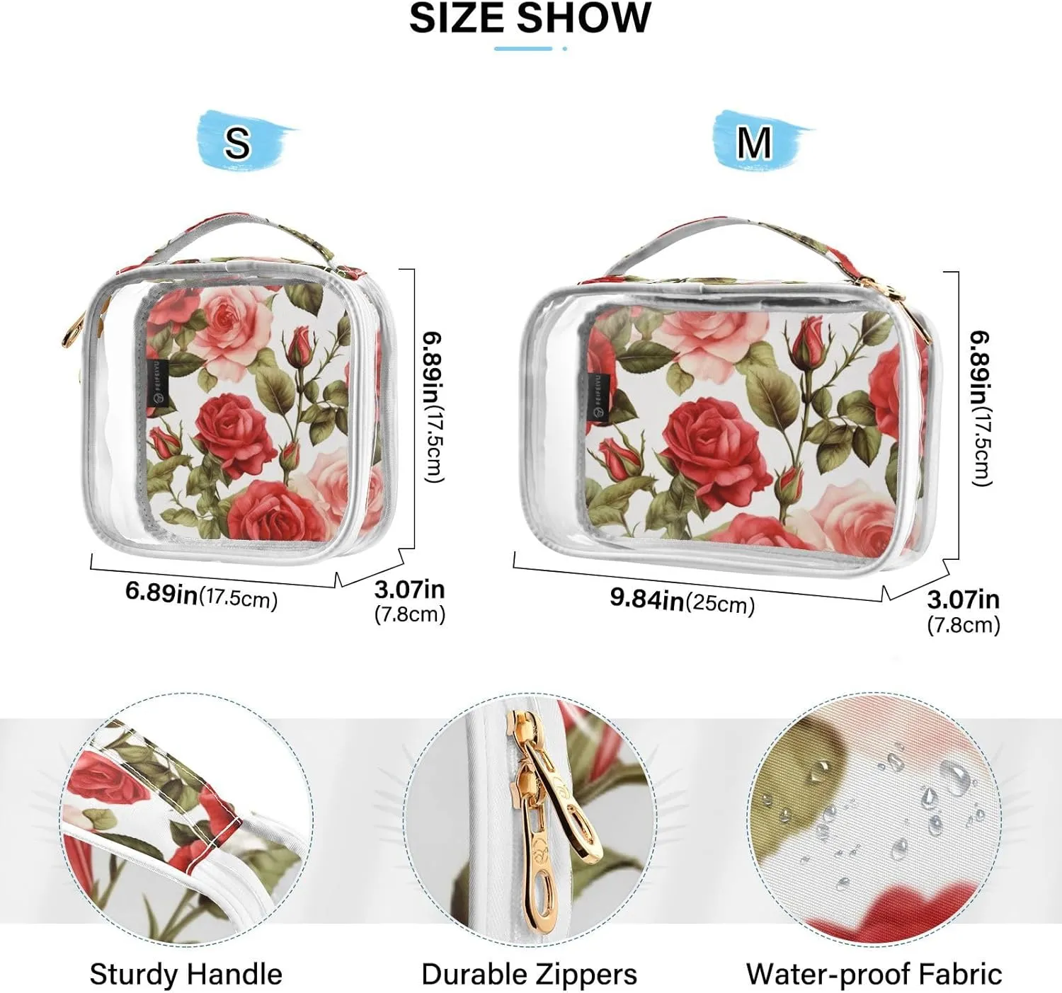 GAIGEO Vintage Roses on a White 2 Pack Clear Makeup Bag Set, Liquids Travel Bag, Clear Travel Bags for Air Travel