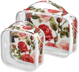 GAIGEO Vintage Roses on a White 2 Pack Clear Makeup Bag Set, Liquids Travel Bag, Clear Travel Bags for Air Travel