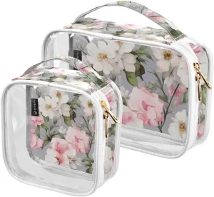 GAIGEO Watercolor Pink and White Flower Clear Cosmetic Bag Set, Travel Toiletry Bag Tsa, Waterproof Toiletry Bag for Women, 2 Pack