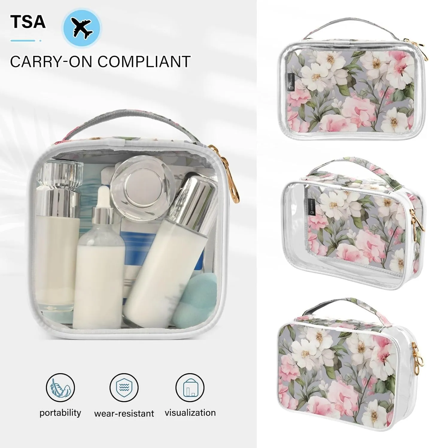 GAIGEO Watercolor Pink and White Flower Clear Cosmetic Bag Set, Travel Toiletry Bag Tsa, Waterproof Toiletry Bag for Women, 2 Pack