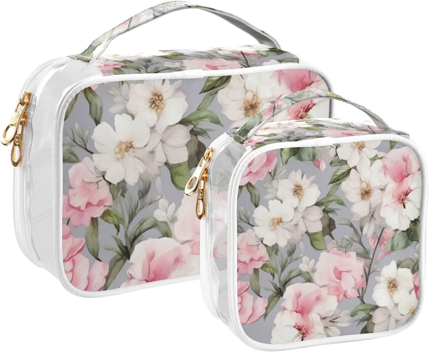 GAIGEO Watercolor Pink and White Flower Clear Cosmetic Bag Set, Travel Toiletry Bag Tsa, Waterproof Toiletry Bag for Women, 2 Pack