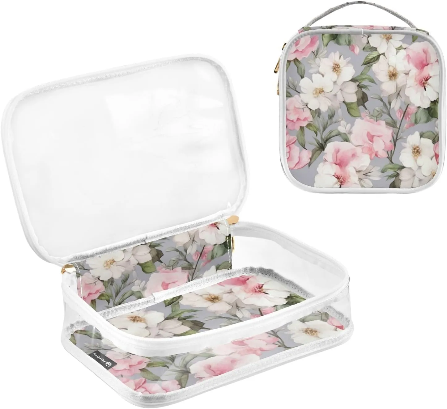 GAIGEO Watercolor Pink and White Flower Clear Cosmetic Bag Set, Travel Toiletry Bag Tsa, Waterproof Toiletry Bag for Women, 2 Pack