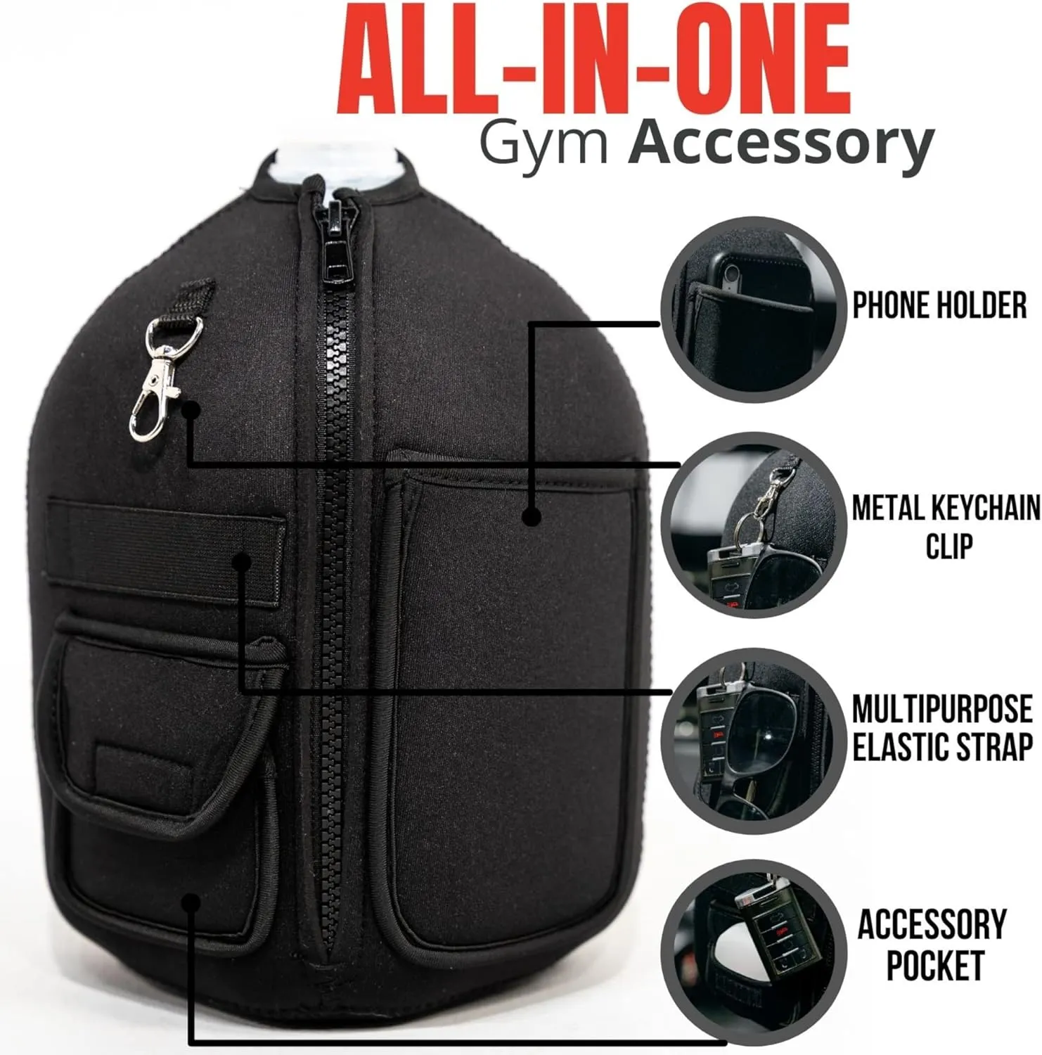 Gallon Jug Sleeve | Insulated Neoprene Cover with Pockets |1 Gallon Water Jug Gym Gear Sleeve Fits Standard Gallon Jug | Gallon Water Bottle Holder w YKK Zipper