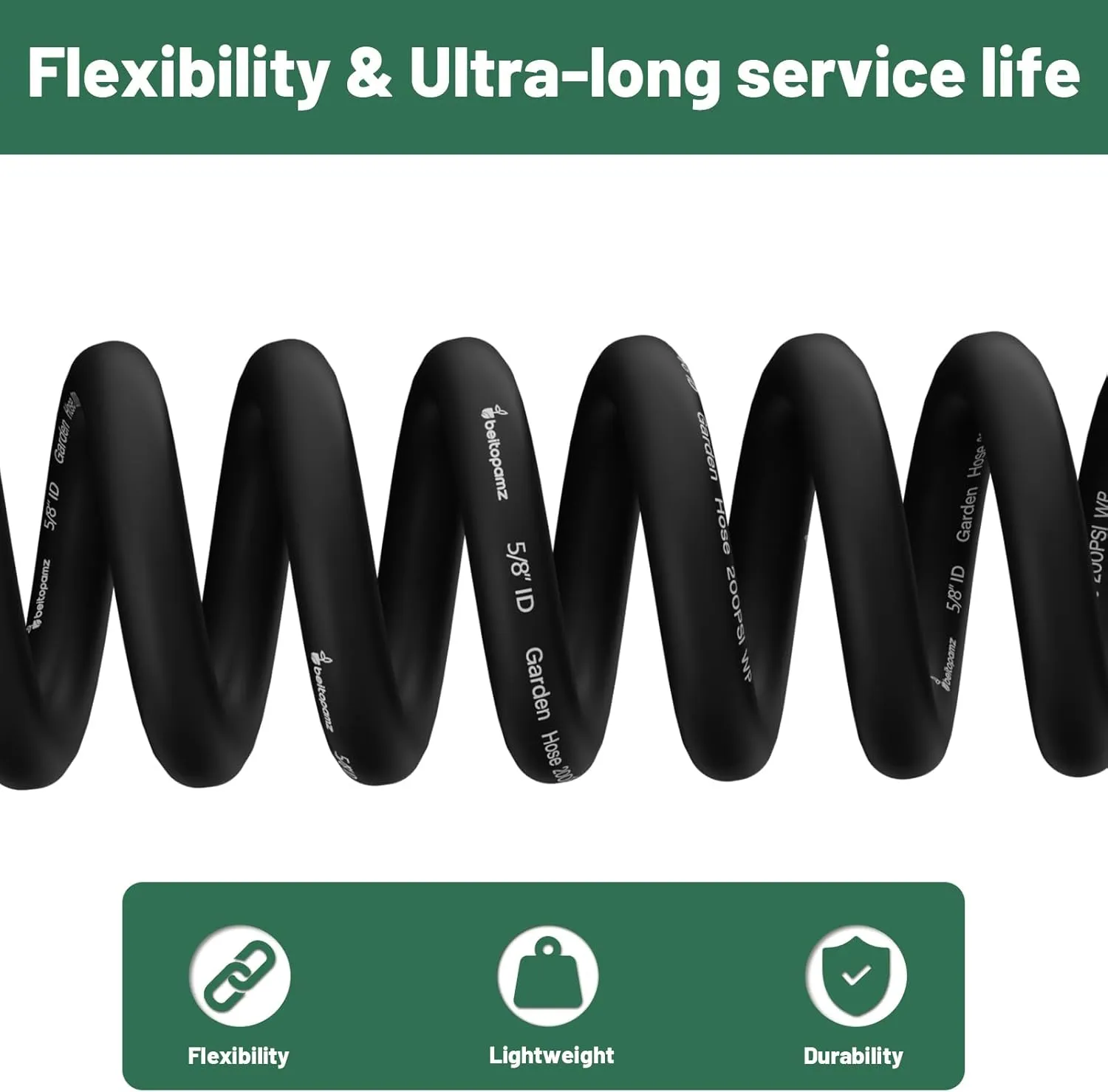 Garden Hose 50 ft x 5/8 in Heavy Duty Water Hose, Flexible No Kinks, Lightweight Hybrid Hose, Male to Female Fittings Leakproof Rubber Leader Hose, Drinking Water Safe, BT50, Black