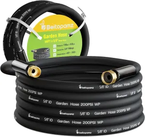 Garden Hose 50 ft x 5/8 in Heavy Duty Water Hose, Flexible No Kinks, Lightweight Hybrid Hose, Male to Female Fittings Leakproof Rubber Leader Hose, Drinking Water Safe, BT50, Black