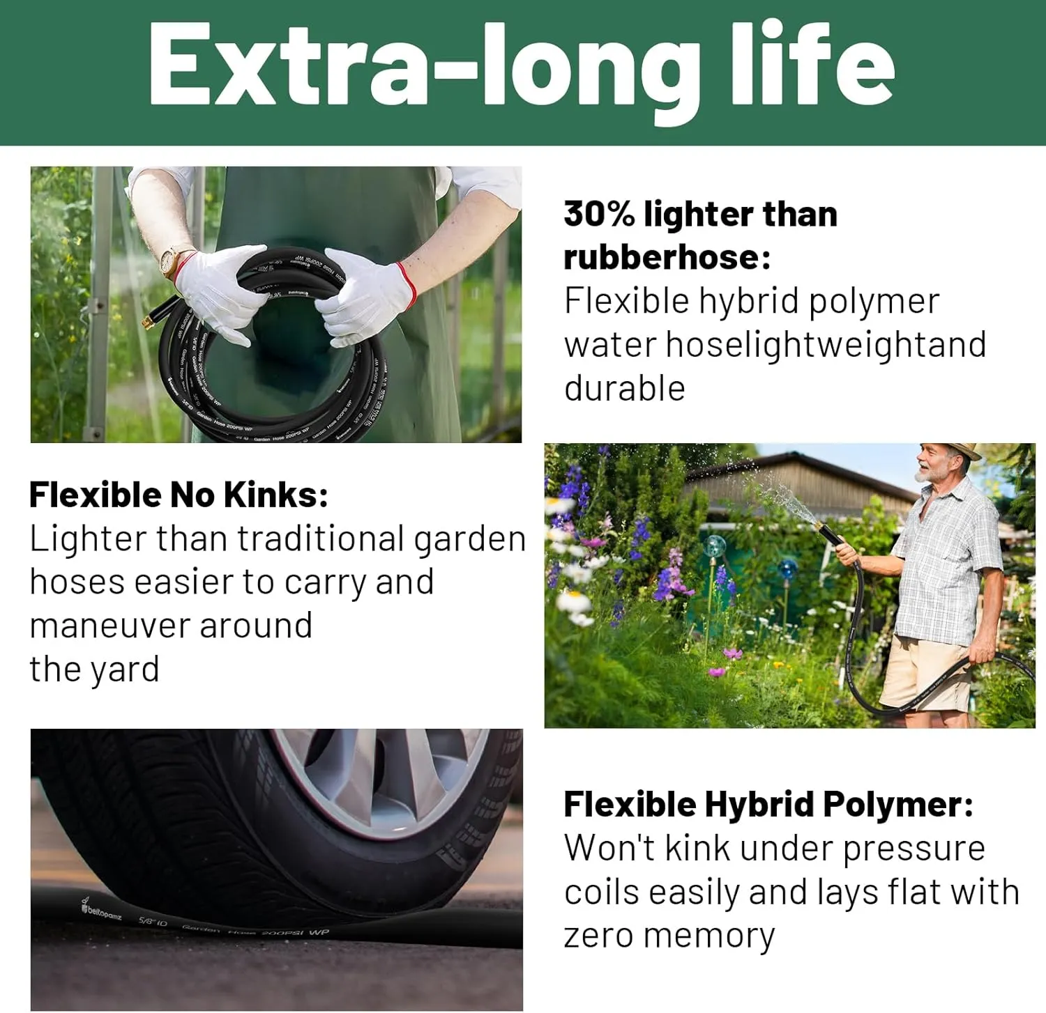 Garden Hose 50 ft x 5/8 in Heavy Duty Water Hose, Flexible No Kinks, Lightweight Hybrid Hose, Male to Female Fittings Leakproof Rubber Leader Hose, Drinking Water Safe, BT50, Black