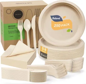 Gezond 250pcs Disposable Paper Plates Set, Compostable Party Supplies, Biodegradable Dinnerware Include Paper Plates, Cocktail Napkins, Utensils for Party, Picnic, 50 Each