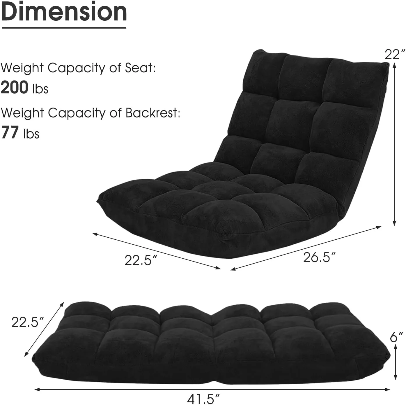 Giantex Folding Floor Chair with Back Support, 14 Adjustable Position, Padded Sleeper Bed, Couch Recliner, Floor Gaming Chair for Adults Meditation Living Room Bedroom, Black