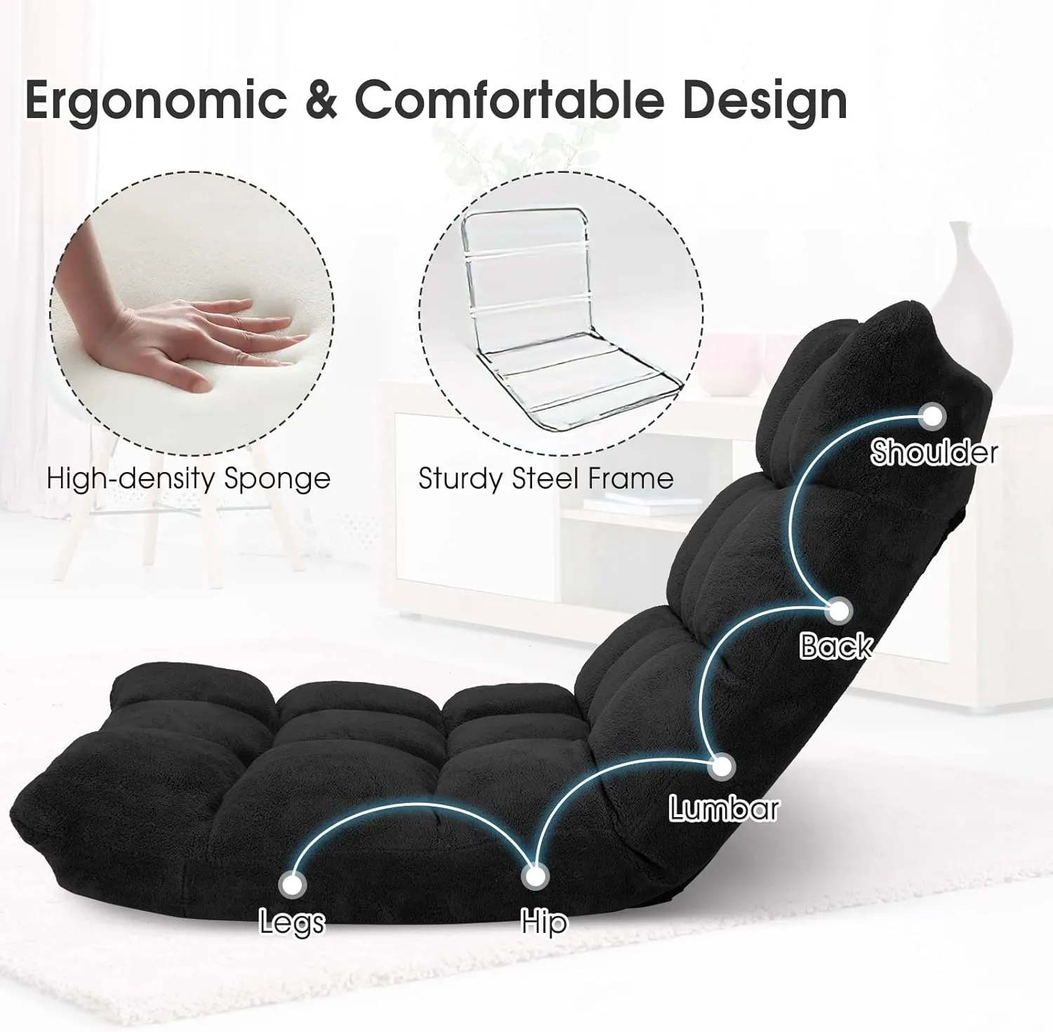 Giantex Folding Floor Chair with Back Support, 14 Adjustable Position, Padded Sleeper Bed, Couch Recliner, Floor Gaming Chair for Adults Meditation Living Room Bedroom, Black