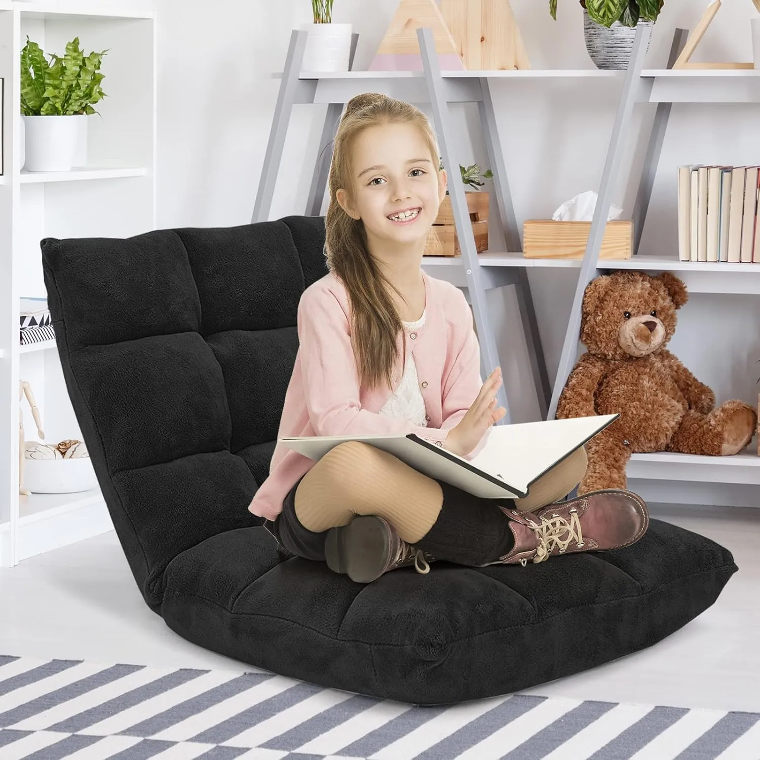 Giantex Folding Floor Chair with Back Support, 14 Adjustable Position, Padded Sleeper Bed, Couch Recliner, Floor Gaming Chair for Adults Meditation Living Room Bedroom, Black
