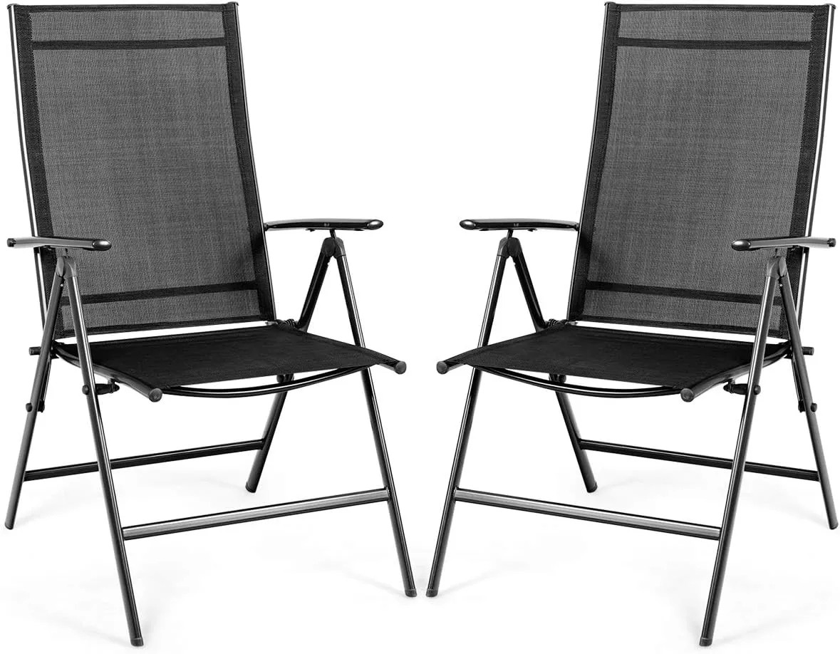 Giantex Set of 2 Patio Dining Chairs, Folding Outdoor Chairs, Portable Camping Chairs with Breathable Fabric, Foldable Chairs with Armrest High Backrest for Garden Patio Pool Beach Yard, Black