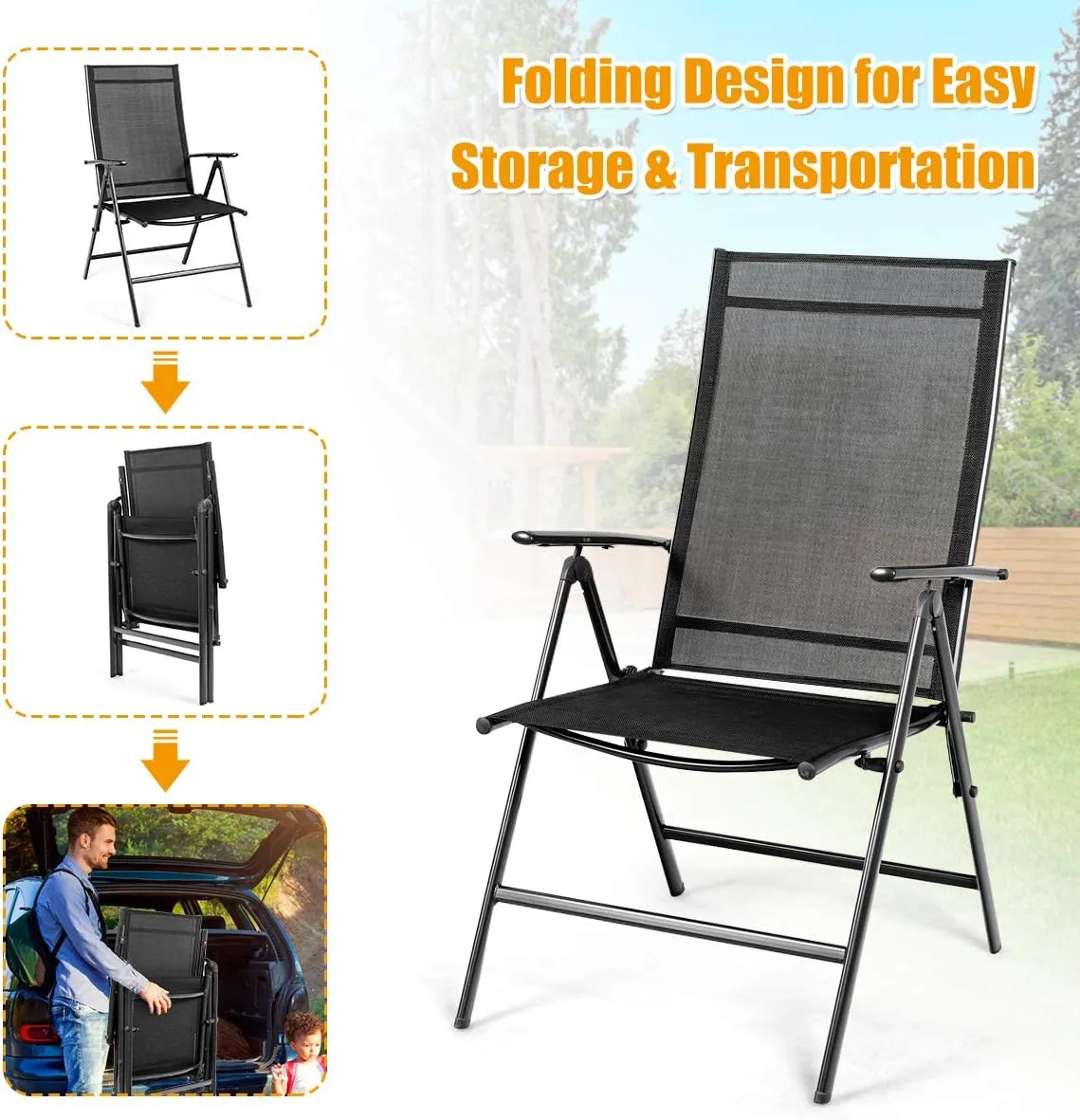 Giantex Set of 2 Patio Dining Chairs, Folding Outdoor Chairs, Portable Camping Chairs with Breathable Fabric, Foldable Chairs with Armrest High Backrest for Garden Patio Pool Beach Yard, Black