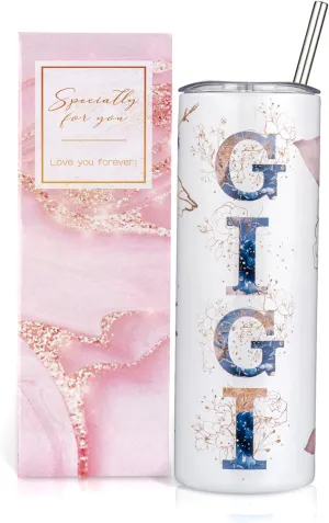 Gigi Gifts for Grandma From Grandchildren, Birthday Christmas Gifts For Gigi from Grandson Granddaughter, 20oz Floral Stainless Steel Tumbler with Lid (GIGI)
